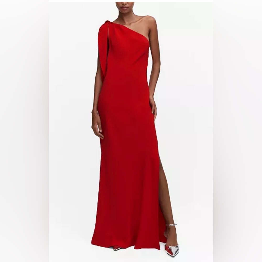 MANGO RED ASYMMETRIC BOW MAXI DRESS GOWN WITH SLIT SIZE XXL 2XL FORMAL